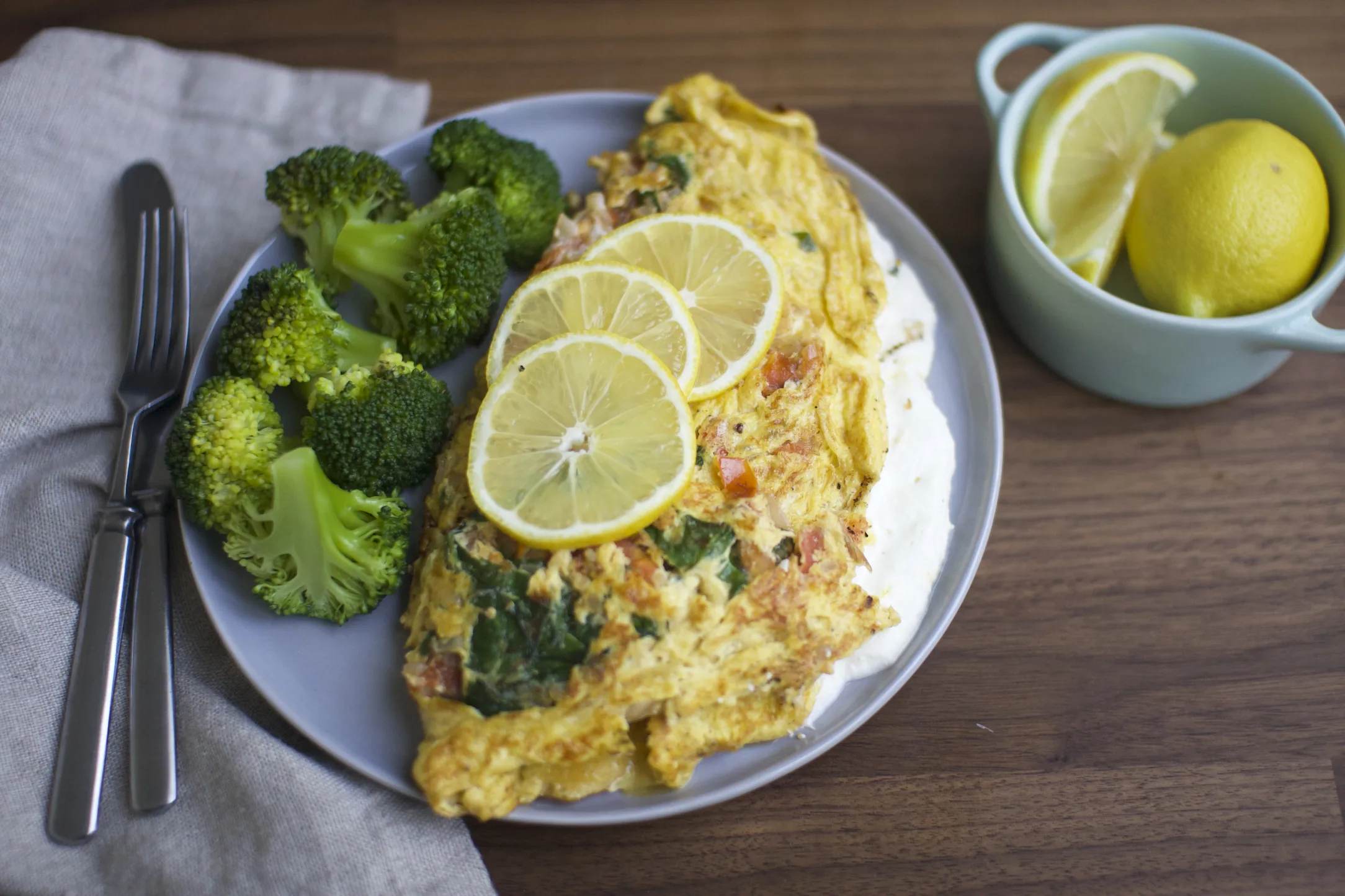 Lemon Ricotta and Spinach Omelette with Feta and Broccoli