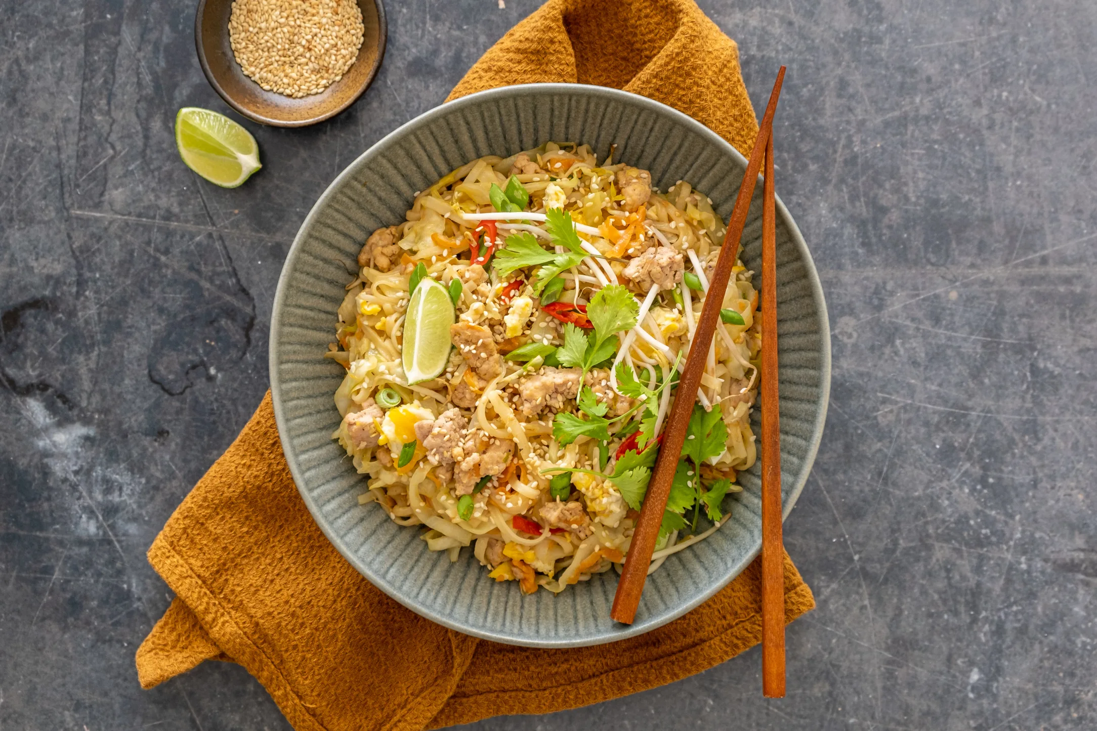 Chicken "Egg Roll" Noodle Bowl with Cabbage, Carrots, and Bean Sprouts
