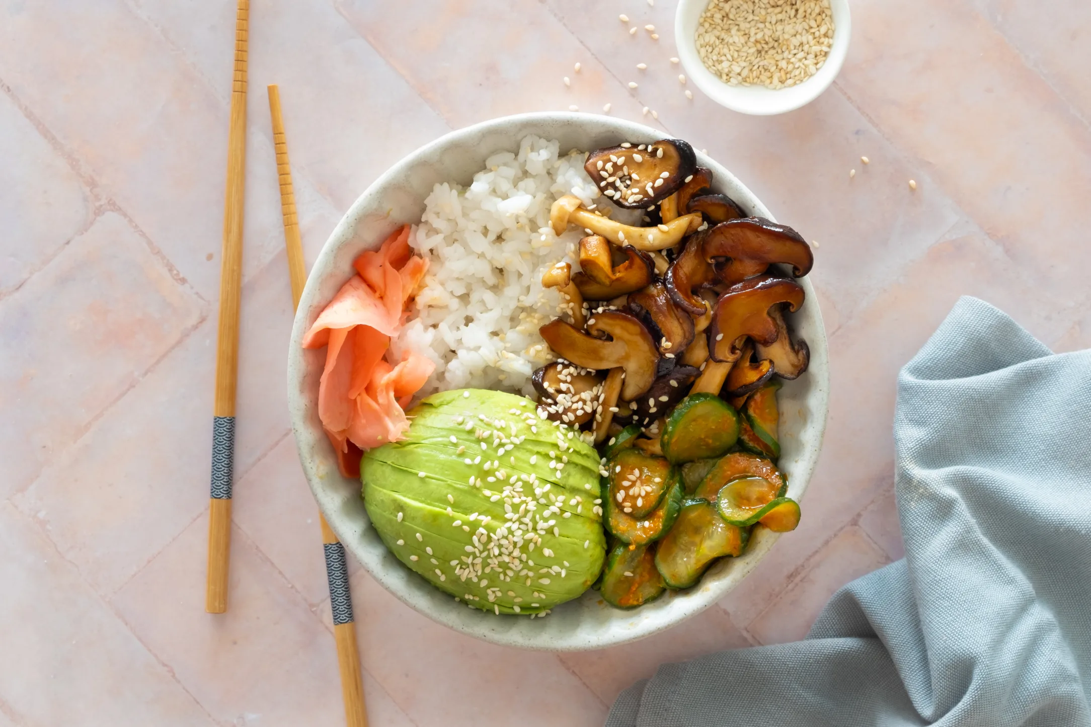 Mushroom Donburi Bowl with Spicy Cucumbers