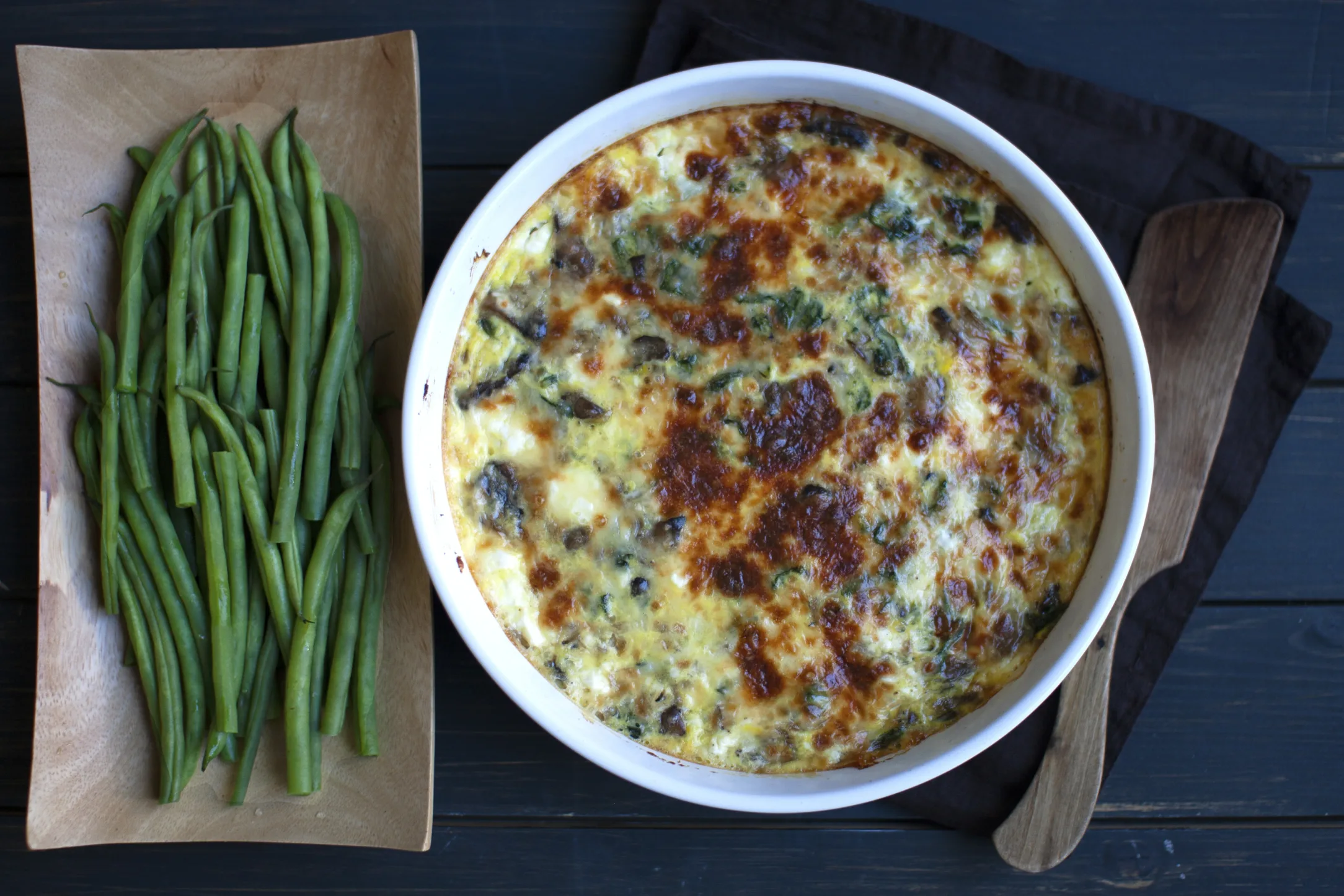 Mushroom, Spinach and Feta Crustless Quiche with Green Beans