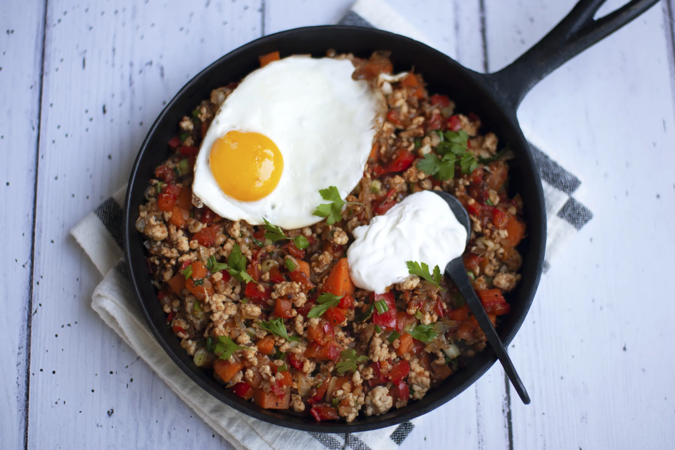 Chicken and Sweet Potato Hash with Eggs and Sour Cream