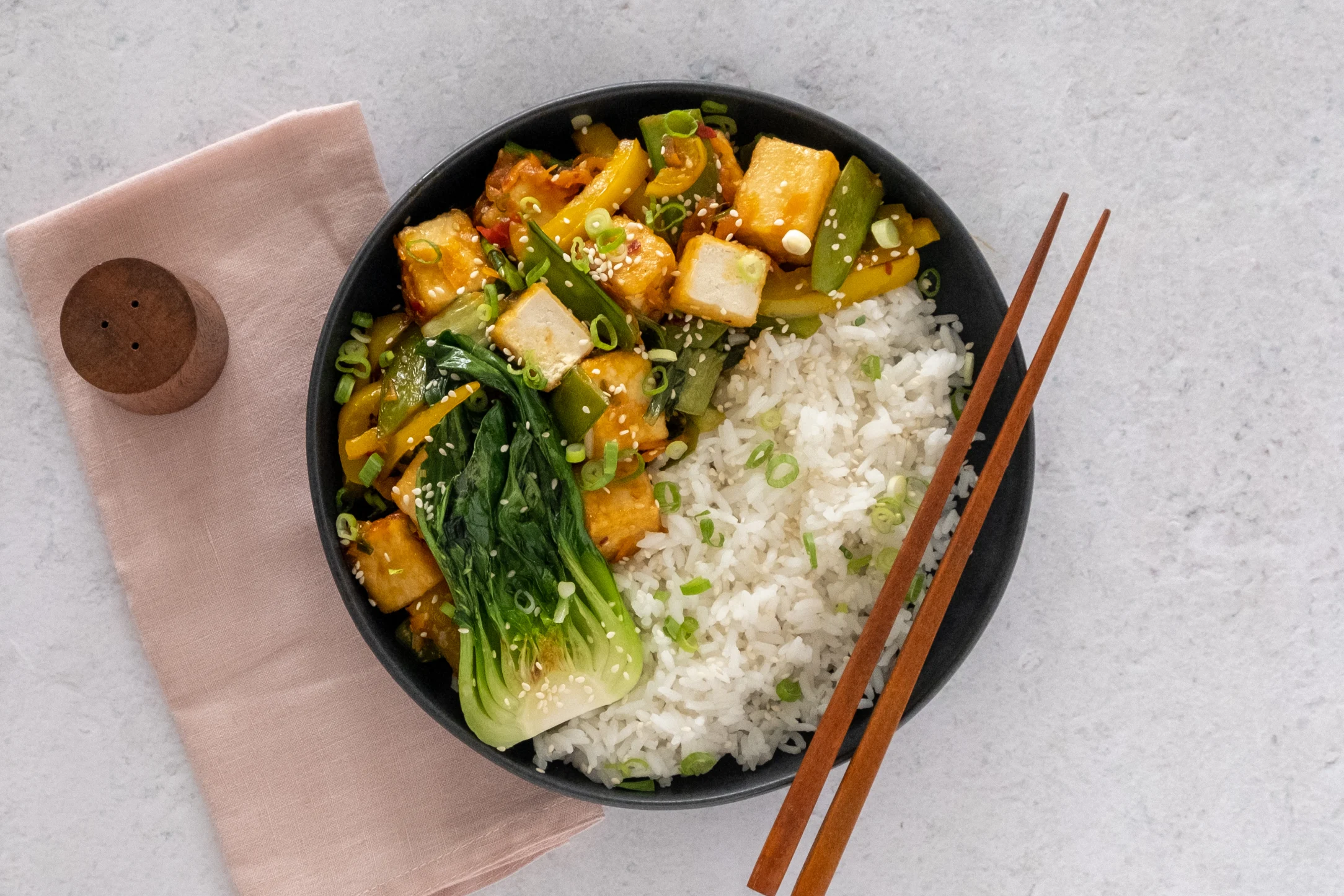 Chilli Soy Tofu Stir-fry with Pak Choi, Snow Peas and Jasmine Rice