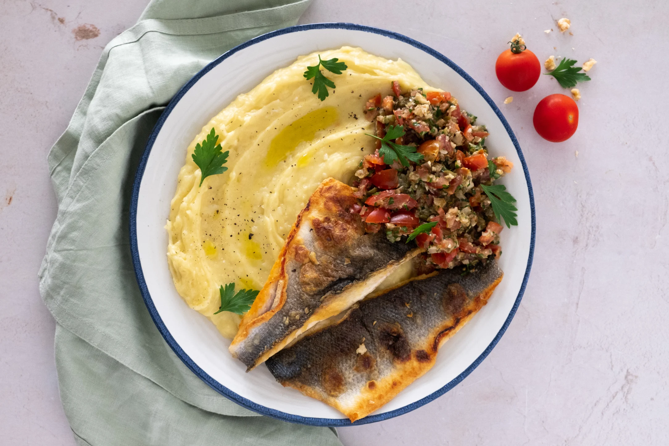Seabream with Garlic Mash Potato and Greek Tomato Salsa