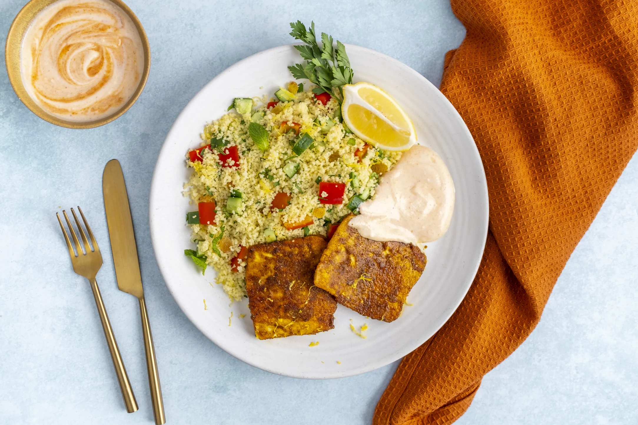 Moroccan inspired Halloumi with Herby Couscous and Harissa Yogurt