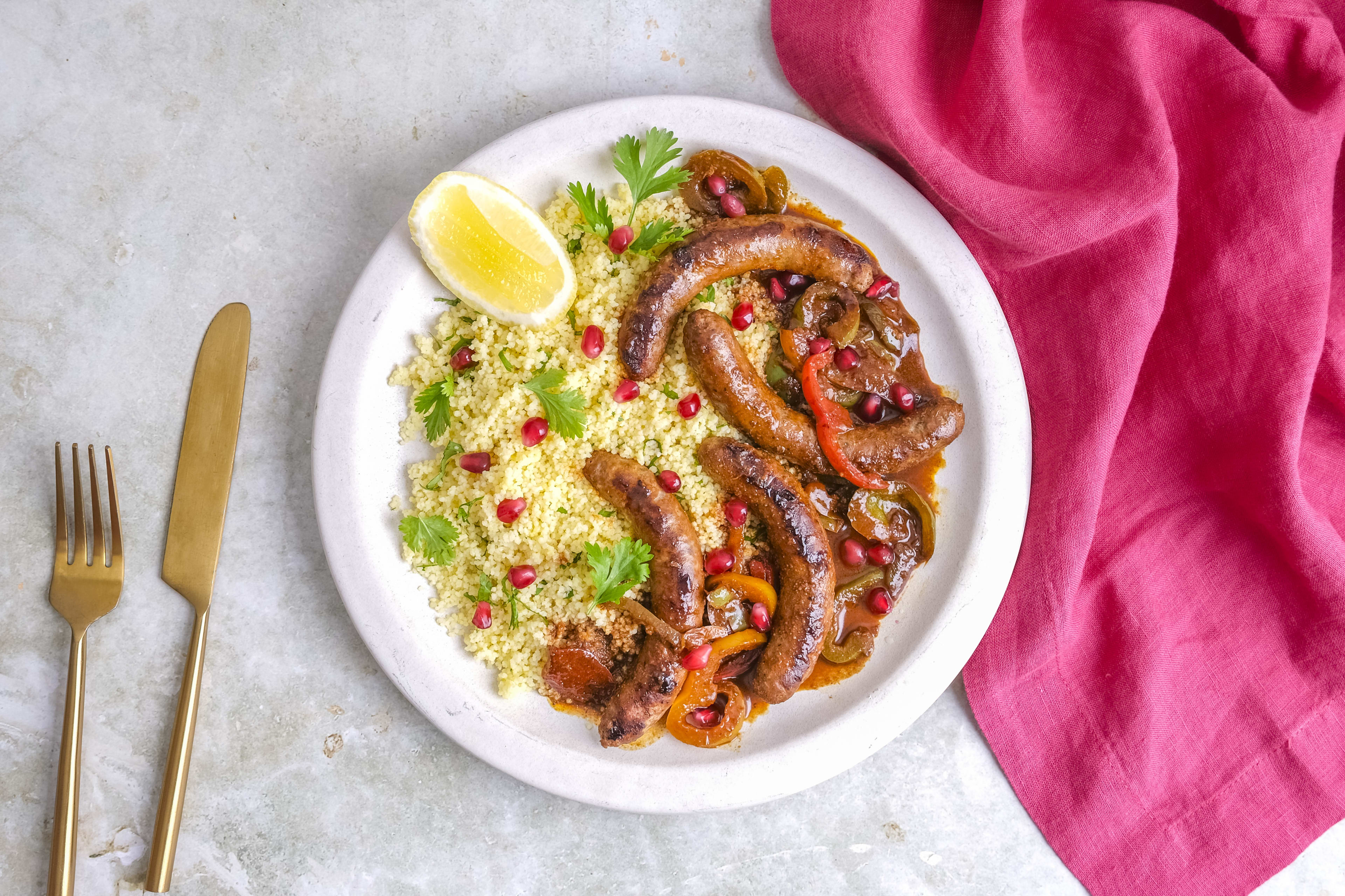 Moroccan style Spiced Lamb Sausages with Couscous