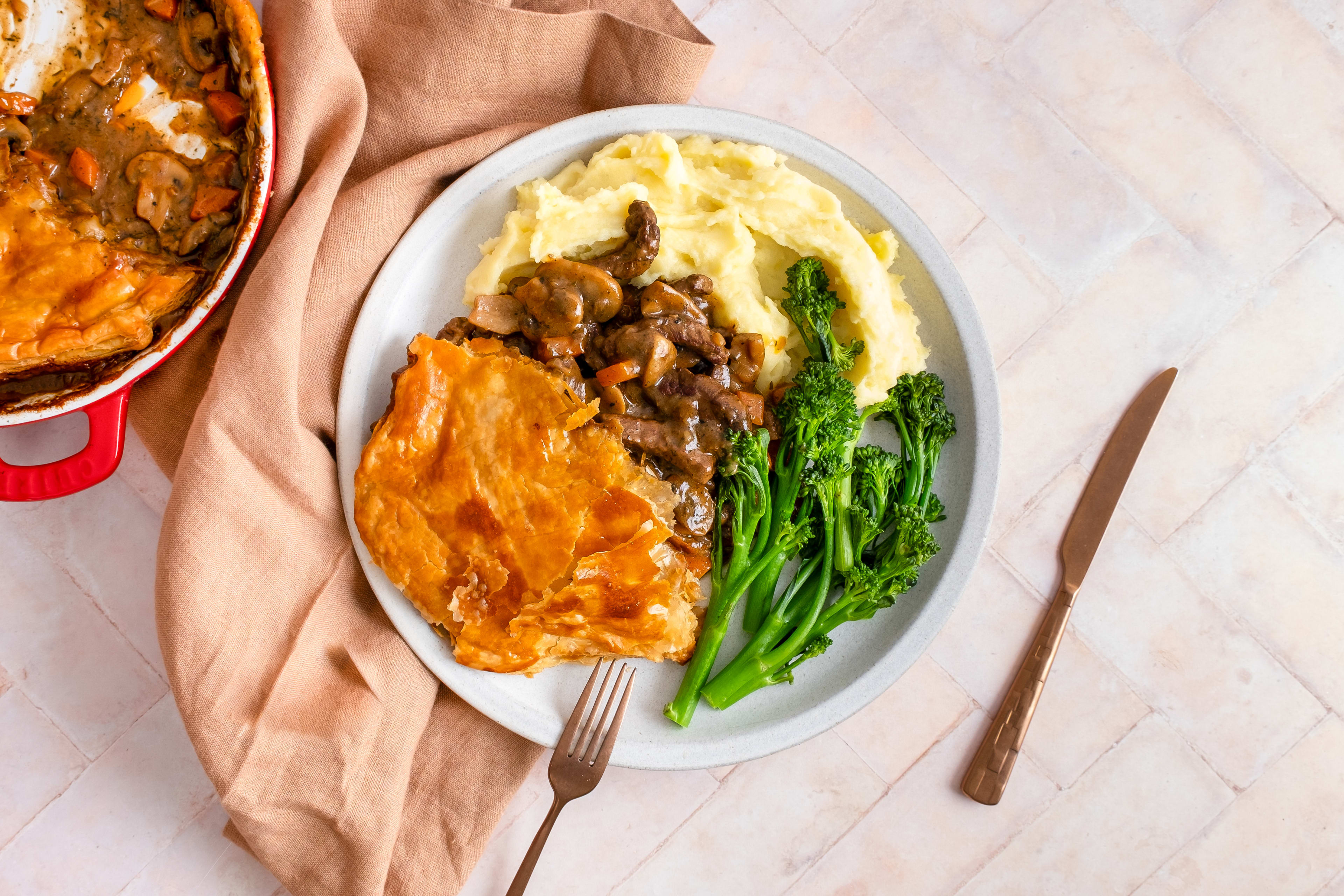 Classic Steak & Mushroom Puff Pastry Pie with Mash & Broccoli