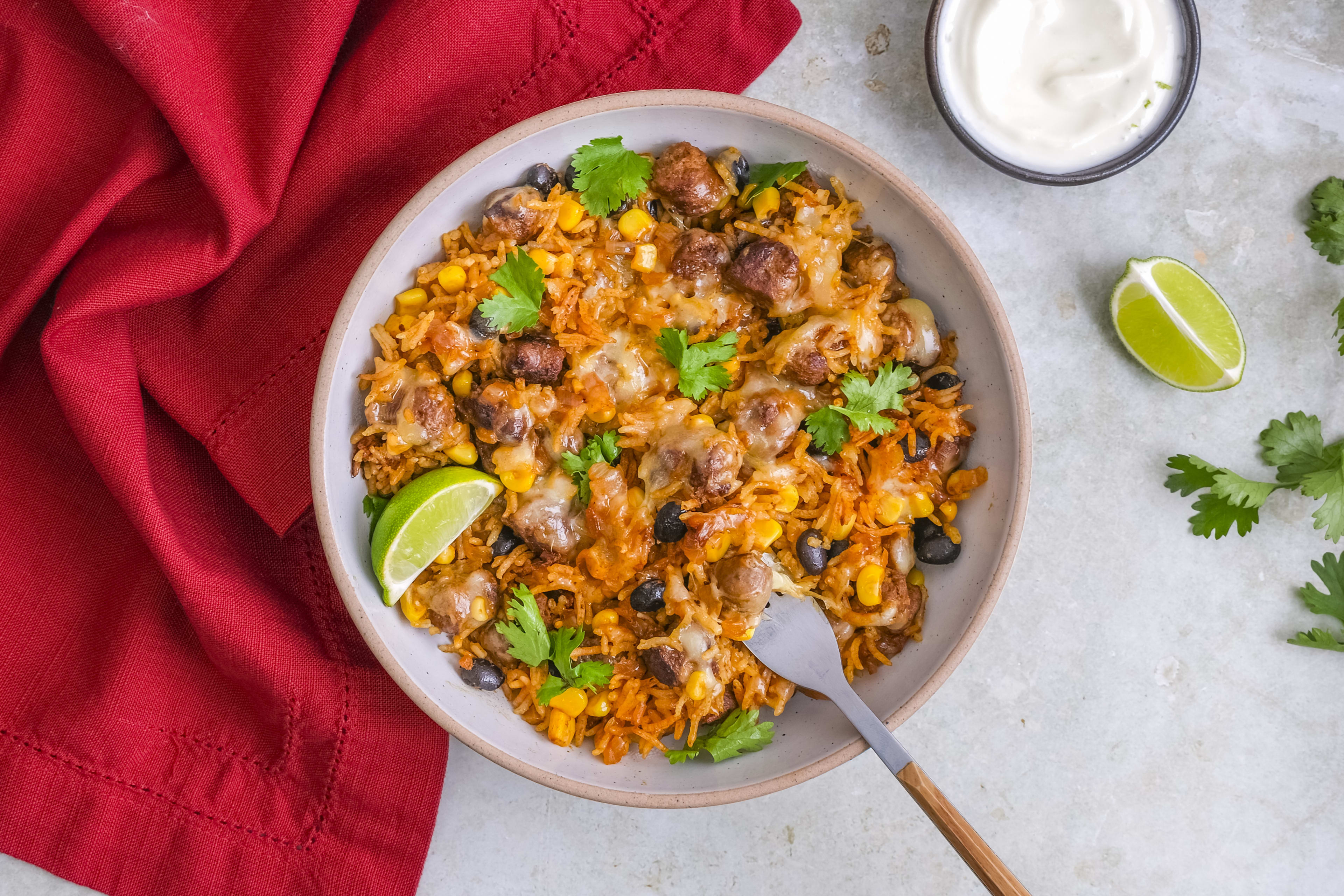 Cheesy Beef Sausage & Taco-spiced Rice with Lime Crema