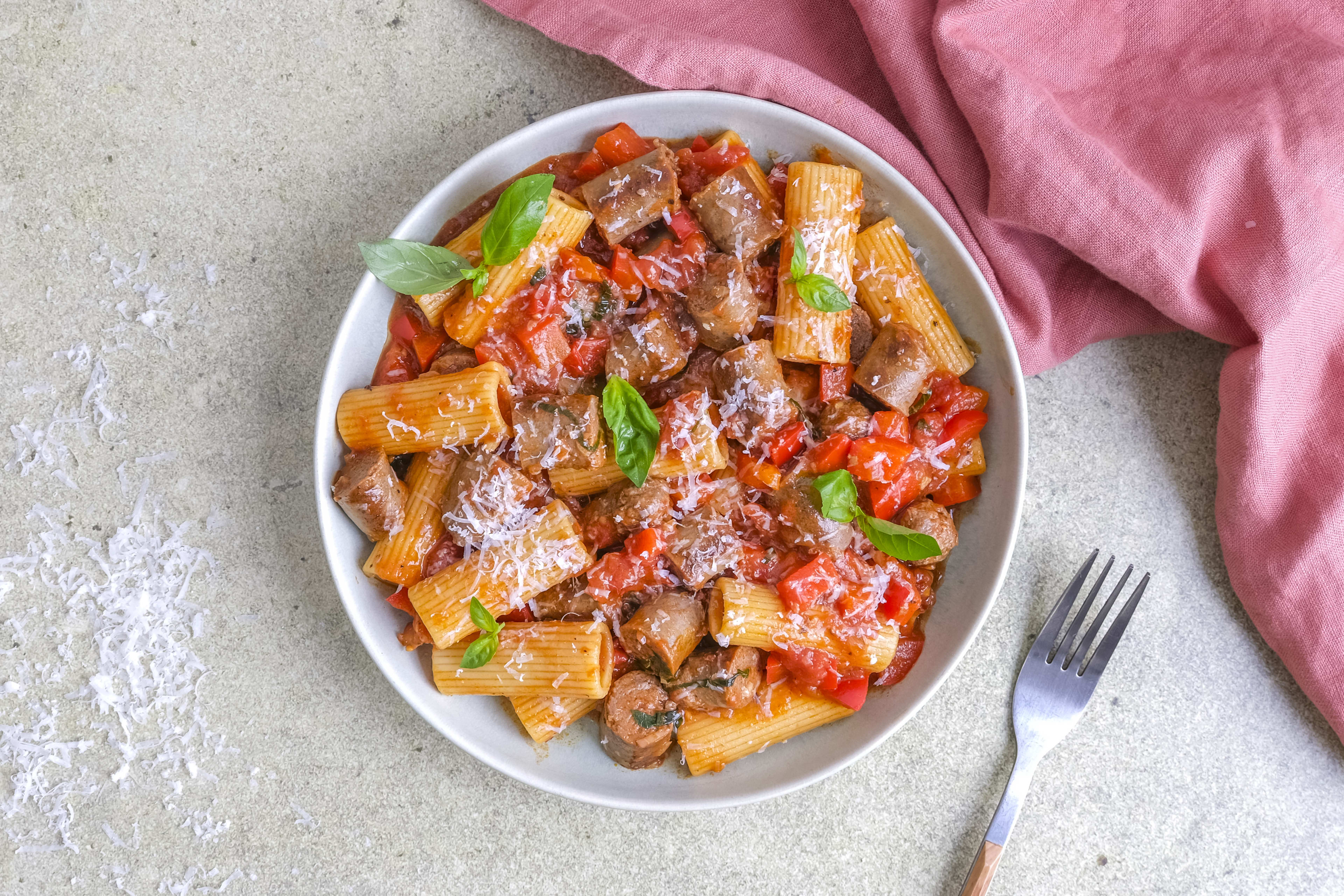 Beef Sausage & Spicy Arrabbiata Rigatoni with Parmesan & Fresh Basil