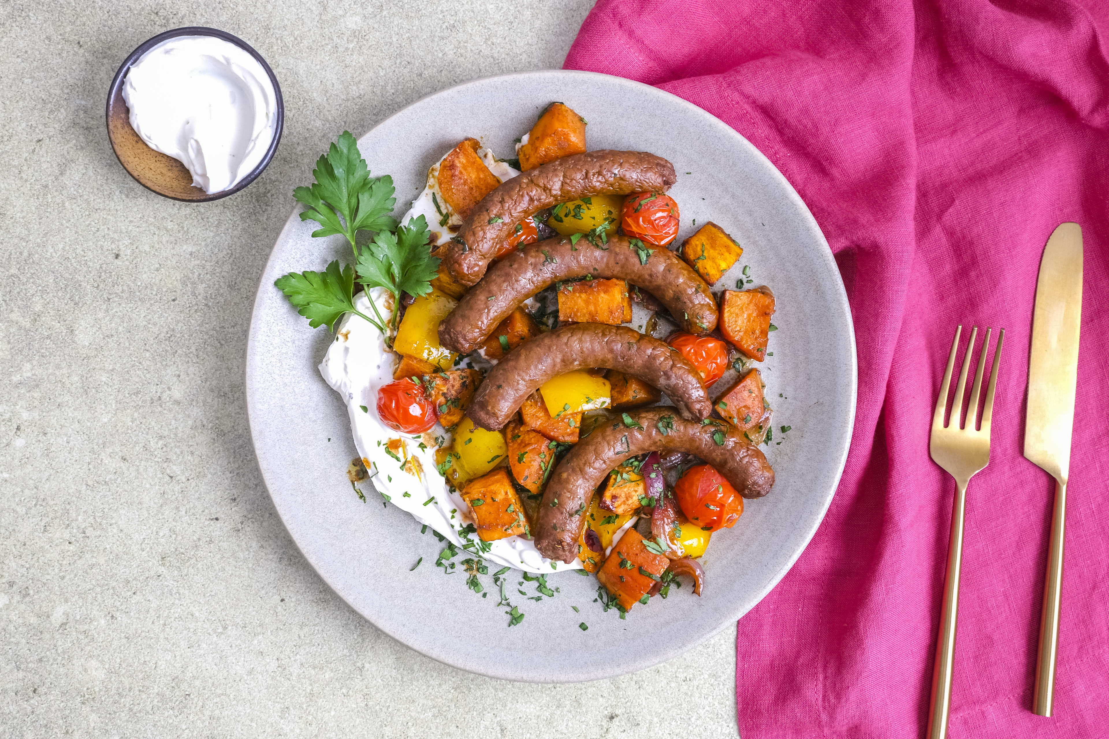 Spicy Beef Sausages & Sweet Potato Traybake