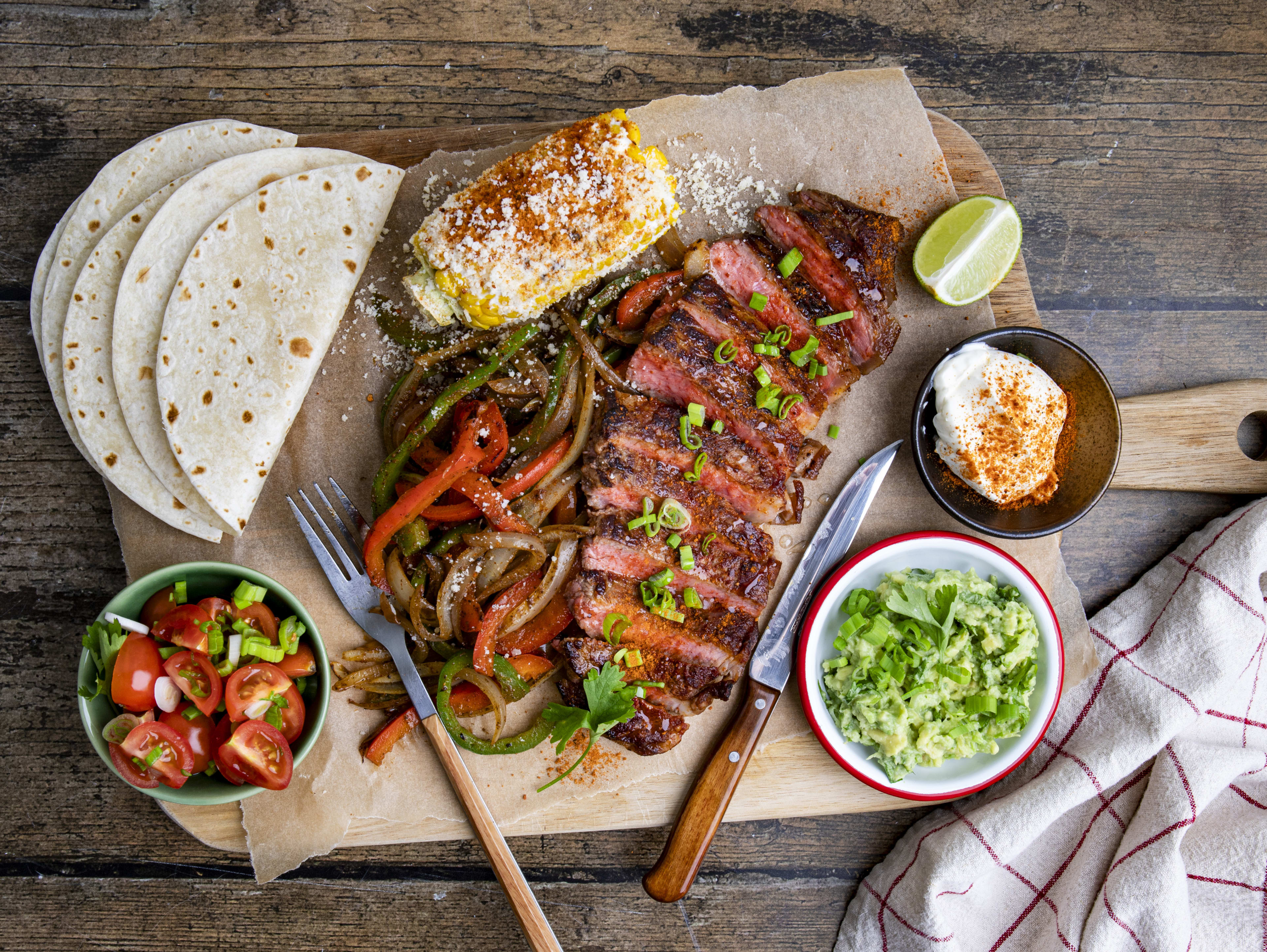 Picanha Steak Fajitas with Mexican Street Corn Elotes, Guacamole & Salsa