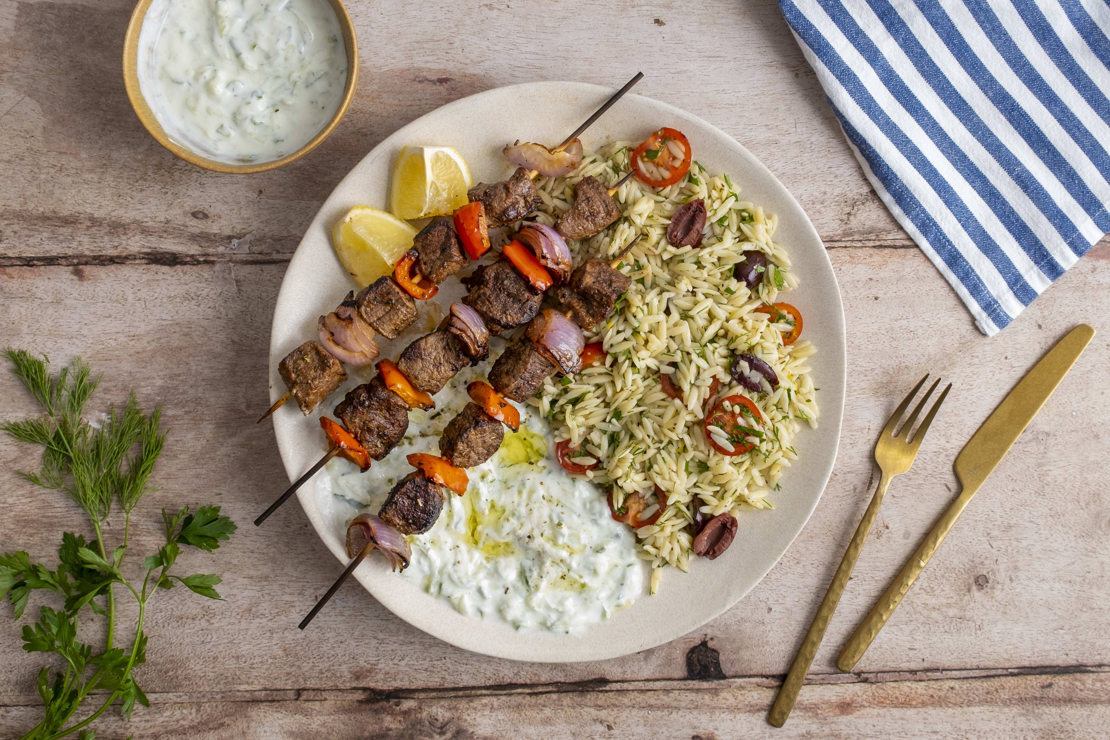 Souvlaki-Style Beef Tenderloin Skewers with Herby Orzo Salad & Tzatziki