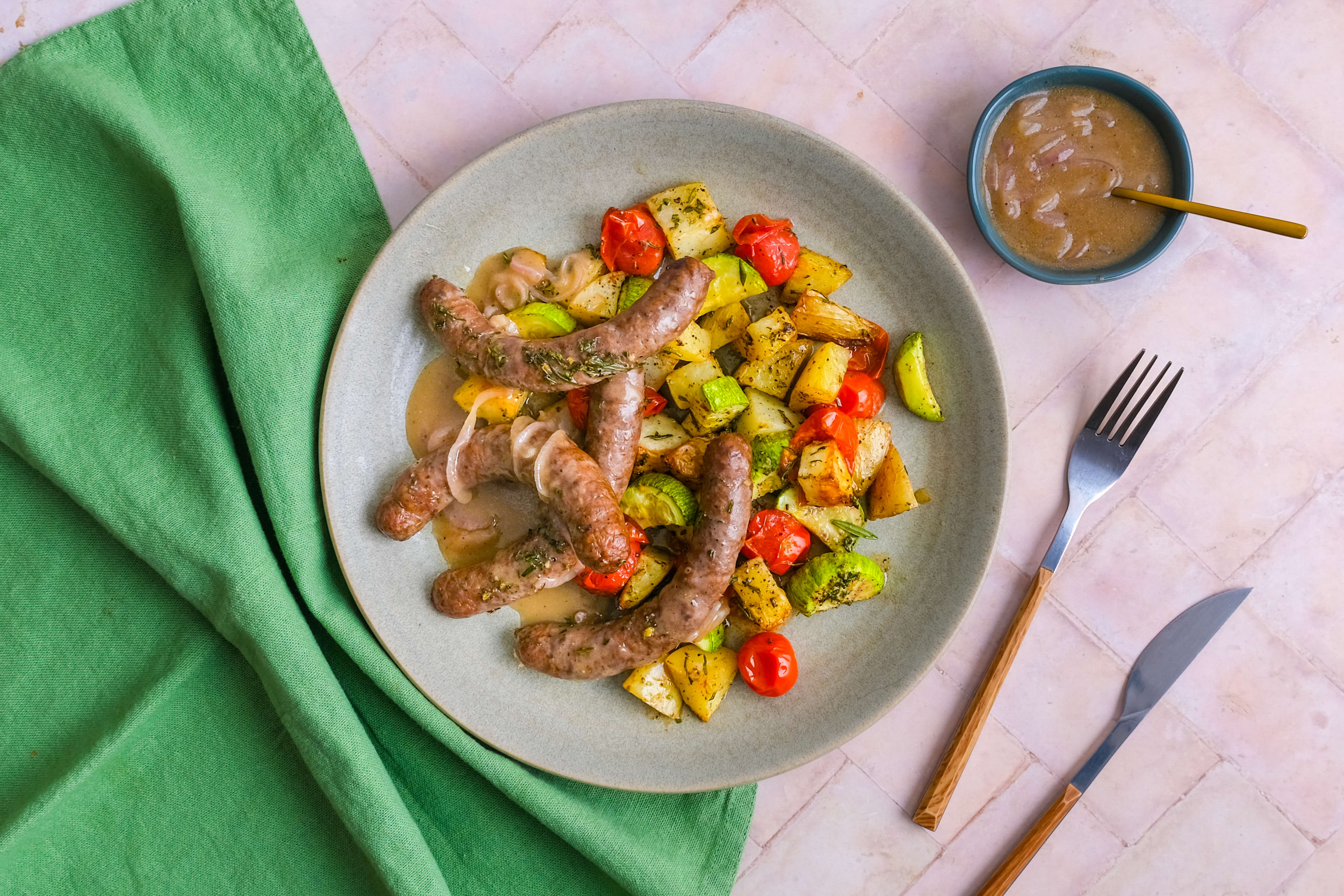 Sticky Rosemary Lamb Sausage Traybake with Onion Gravy