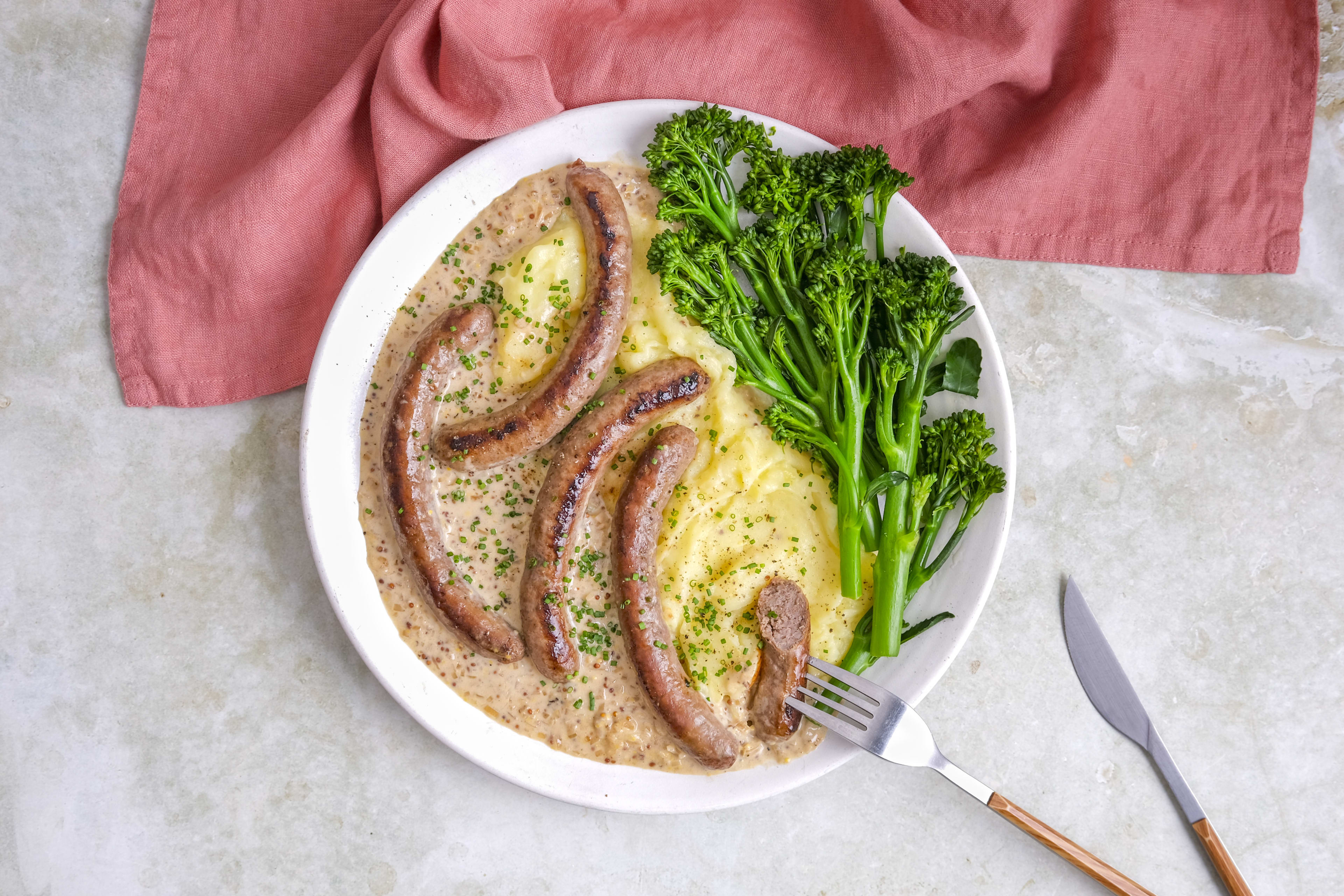 Beef Sausages with Wholegrain Mustard Cream, Tenderstem Broccoli & Mash