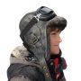 Gray Sheepskin Aviator Hat, Black Leather for Kids - Simon Model