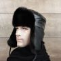 Black Mink Fur Russian Ushanka Hat for Men, Black Leather