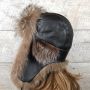 Raccoon Fur Trapper Hat, Black Leather