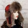 Raccoon Fur Trapper Hat, Red and Black Check Felt