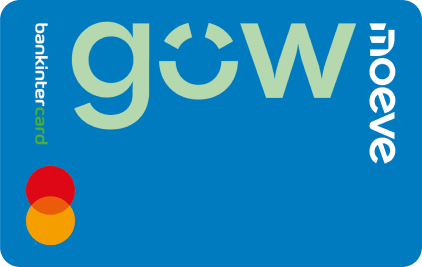 Una tarjeta Bankinter azul con los logotipos "gow" y "moeve" y un logotipo de un círculo rojo y naranja en el lateral.