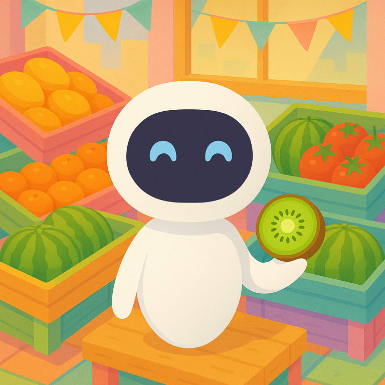 Un robot sonriente que se llama KiBi con un kiwi en la mano en un colorido mercado con frutas de fondo.