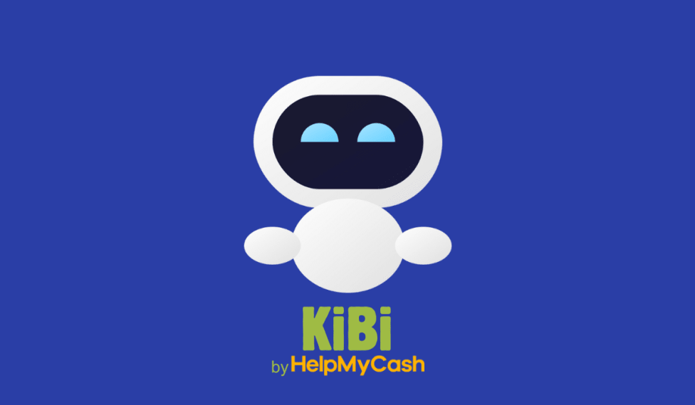 Un simpático robot blanco con ojos azules sobre un fondo azul, con "KiBi by HelpMyCash" escrito debajo.