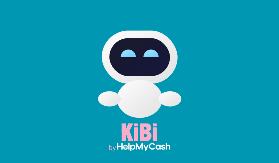 Un simpático robot blanco con cara oscura y ojos azules, con la inscripción "KiBi by HelpMyCash" debajo.