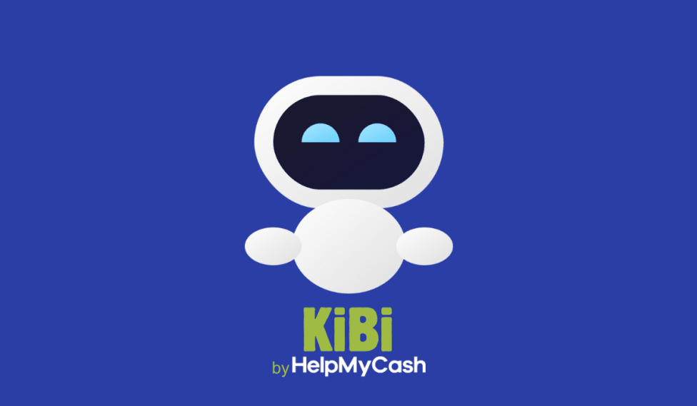 Sencilla ilustración de robot con ojos azules sobre fondo azul y texto: "KiBi by HelpMyCash" debajo.