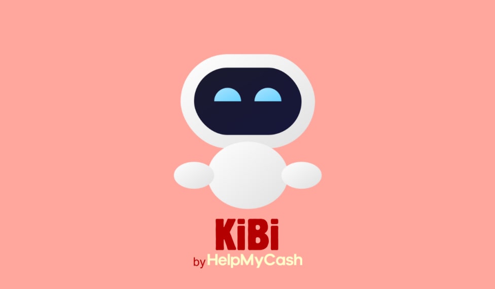 Robot minimalista con cara oscura y ojos azules sobre fondo rosa, texto "KiBi by HelpMyCash".