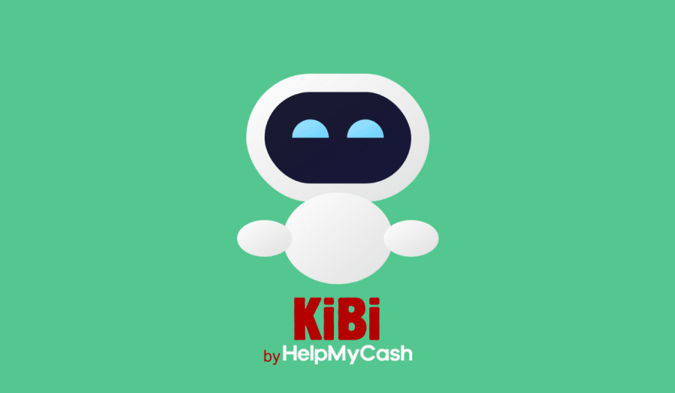 Robot minimalista con cara negra y ojos azules sobre fondo verde; el texto dice "KiBi by HelpMyCash.