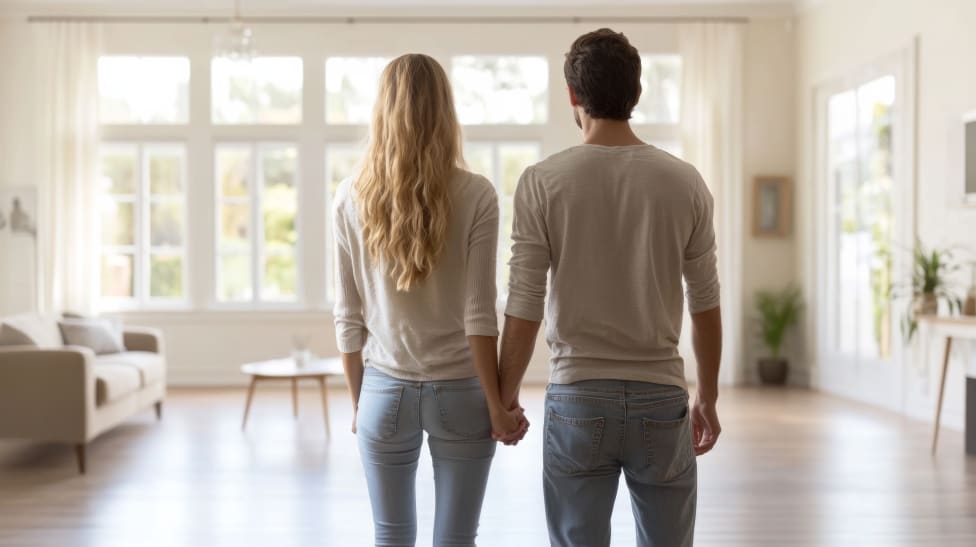 Una pareja cogida de la mano, de pie en un luminoso y espacioso salón con grandes ventanales.