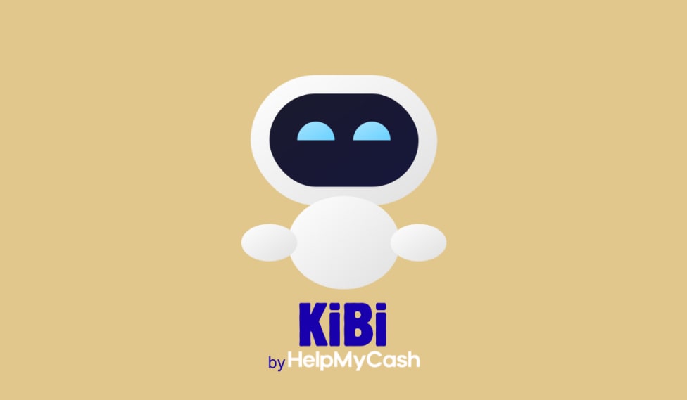 Robot minimalista con ojos azules sobre fondo beige, texto "KiBi by HelpMyCash" debajo.