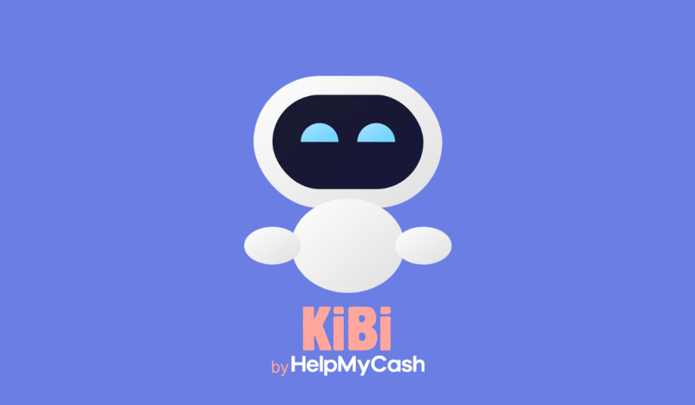 Robot blanco minimalista con ojos azules sobre fondo morado; texto "KiBi by HelpMyCash" debajo.