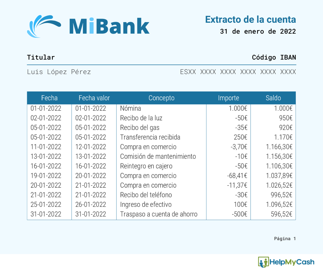Ejemplo de un extracto bancario