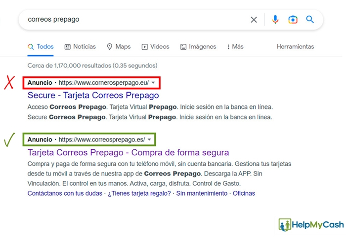Web falsa de Correos Prepago. Ataque de phishing