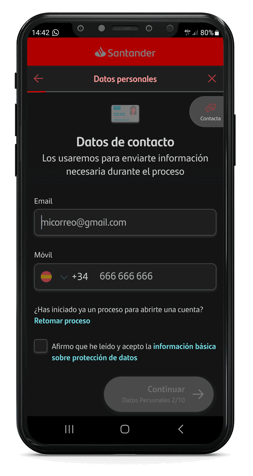 Proceso para abrir cuenta online en Banco Santander por el móvil