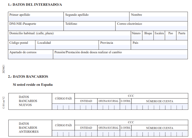 Formulario para cambiar la pensión de banco