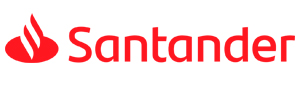 Logotipo de Santander con texto rojo y símbolo de llama estilizada sobre fondo blanco.