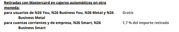 Libro de tarifas de N26