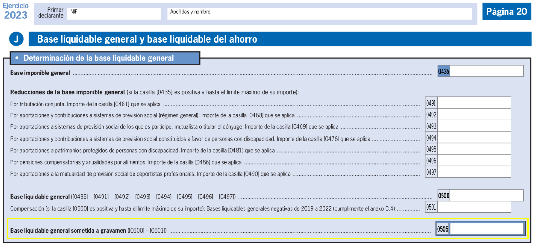 Modelo de declaración de la renta con campos para la base imponible general y la base del ahorro, apartados etiquetados y numerados.
