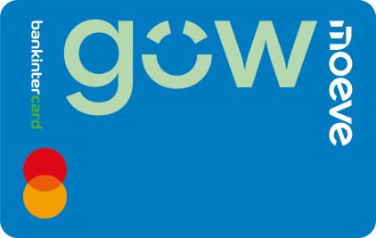 Una tarjeta Bankinter azul con los logotipos "gow" y "moeve" y un logotipo de un círculo rojo y naranja en el lateral.