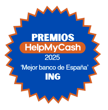 En el distintivo azul con borde naranja se puede leer: "Premios HelpMyCash 2025, 'Mejor banco de España', ING".