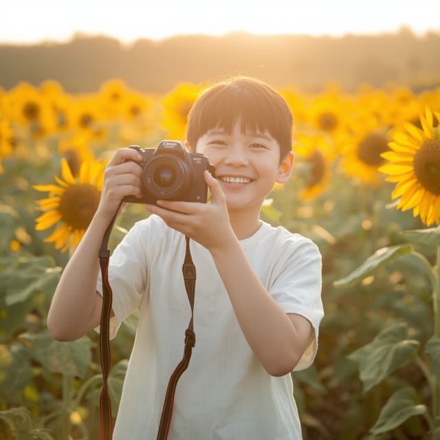 kid holding digital camera surrounded by sunflowers