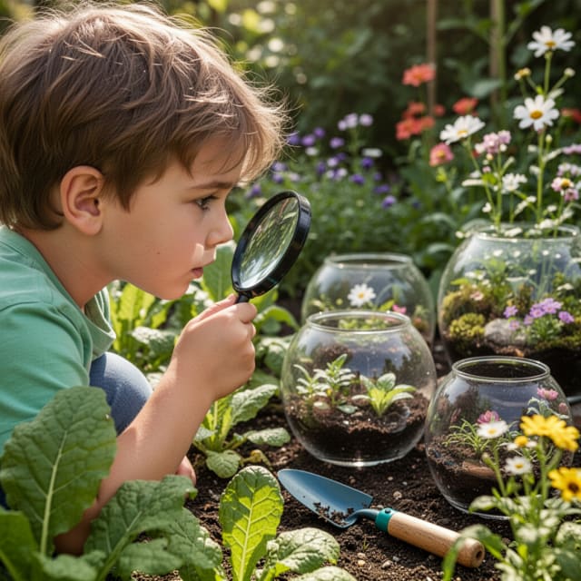 child with magnifyingglass staring at various terrarium in a garden
