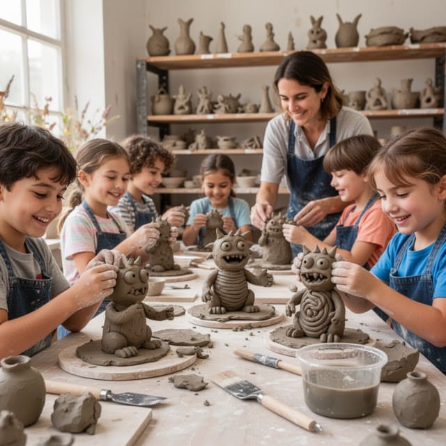 kids at table working with clay to build figures. instructor stannding. finished ceramics fill back wall