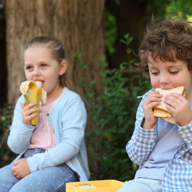 girl eating banana and boy eating sandwich below a tree