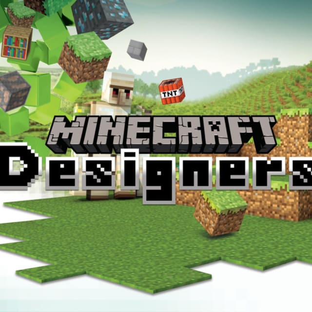 words minecraftdesigner in the middle with world building things around it, lands, blocks, characters