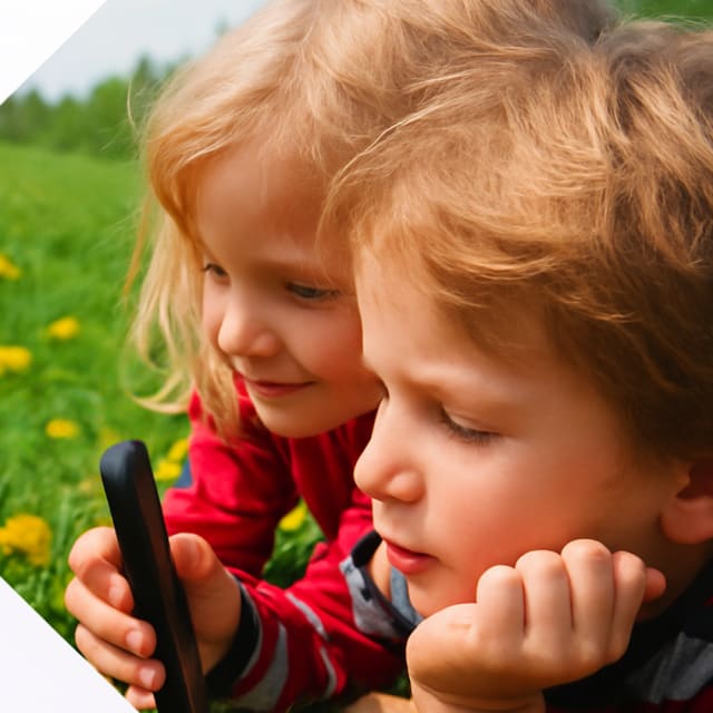 two kids on the ground with a phone, outside in grass