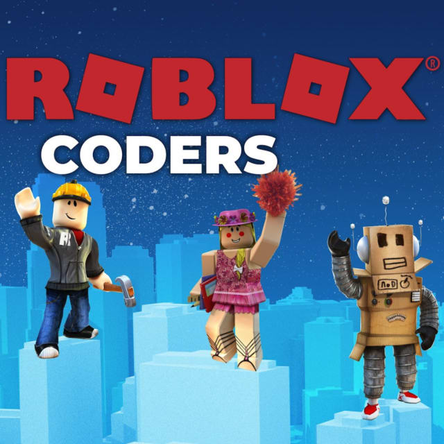 three lego figures standing on blue lego blocks.