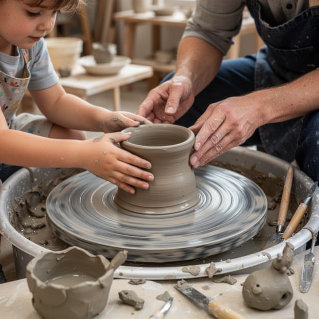 child and adult working with clay pot on ceramic throwing wheel