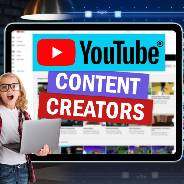 computer screen with words youtube content creators. in front of screen is a girl holding a laptop