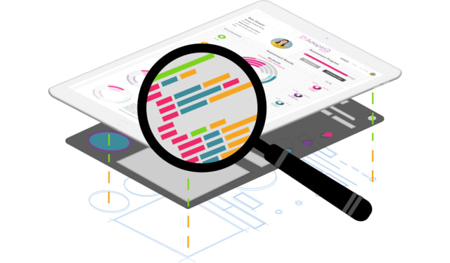 Magnifying glass over a UX mockup and device